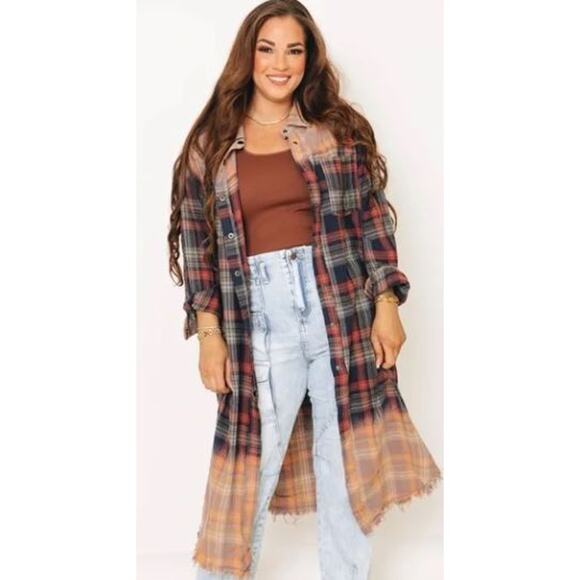 Oli & Hali Maxi Mineral Washed Bleach Plaid Cotton Shacket Medium - Picture 1 of 11